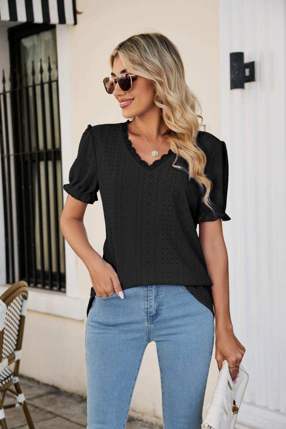 Eyelet Flounce Sleeve Scalloped V-Neck Top - Trendsi - Flyclothing LLC