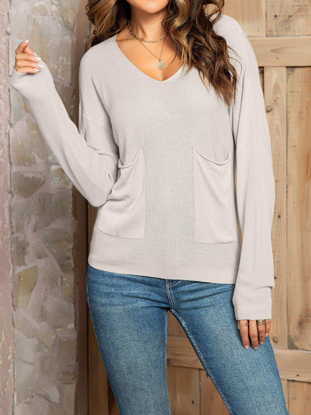 V-Neck Long Sleeve Knit Top with Pocket - Trendsi - Flyclothing LLC