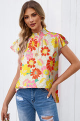 Floral Frill Neck Smocked Flutter Sleeve Blouse - Trendsi