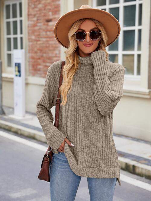 Ribbed Turtleneck Long Sleeve Slit Knit Top - Trendsi - Flyclothing LLC