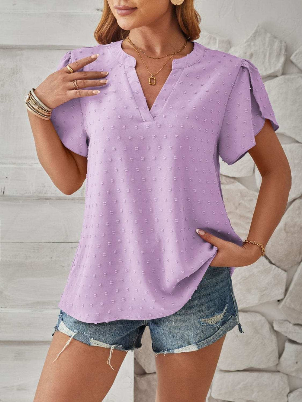 Swiss Dot Notched Petal Sleeve T-Shirt - Trendsi - Flyclothing LLC