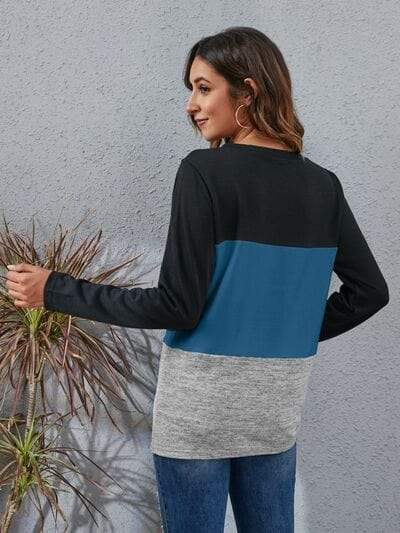 Color Block Round Neck Long Sleeve T-Shirt - Trendsi - Flyclothing LLC
