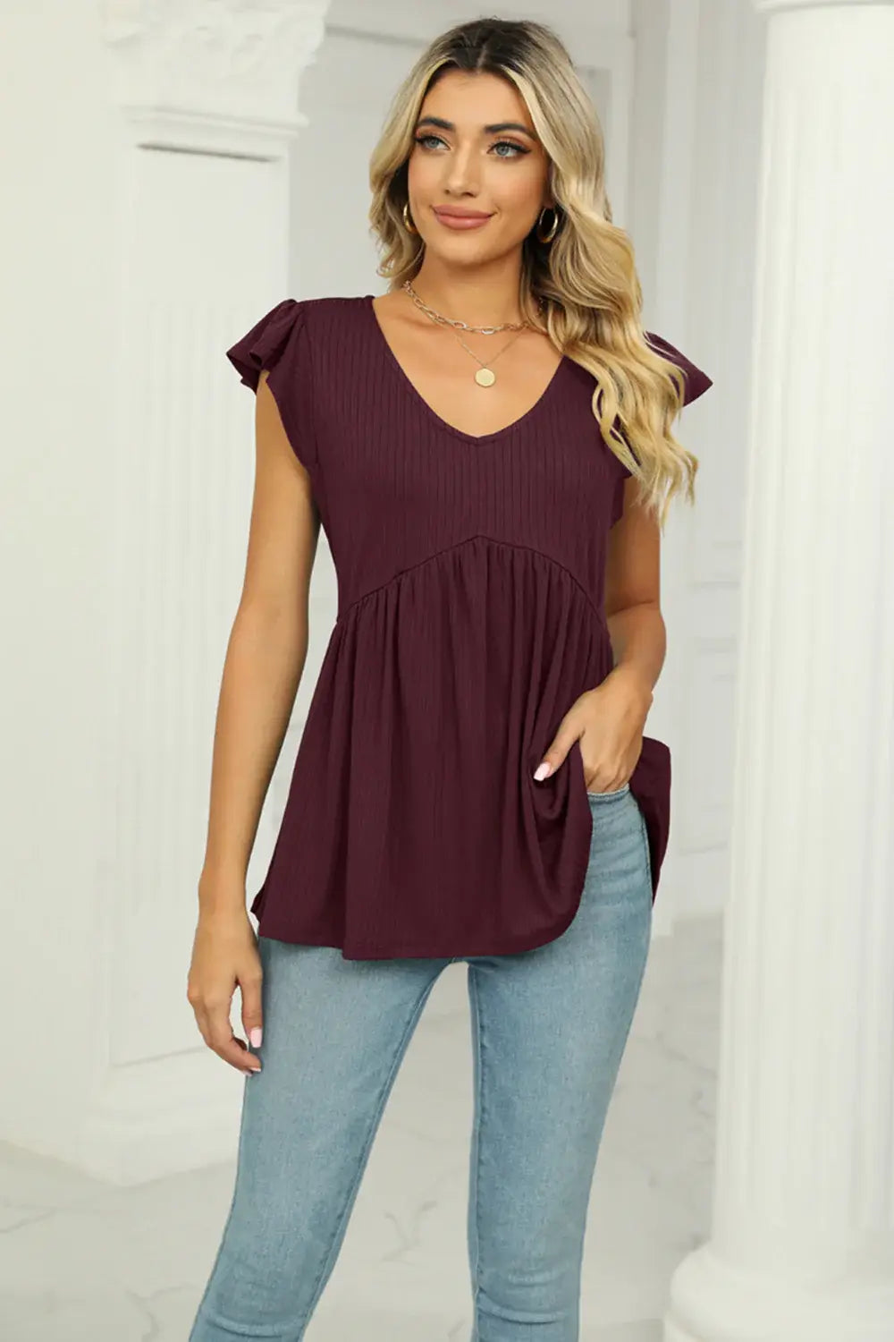 V-Neck Flutter Sleeve Babydoll Blouse - Trendsi - Flyclothing LLC