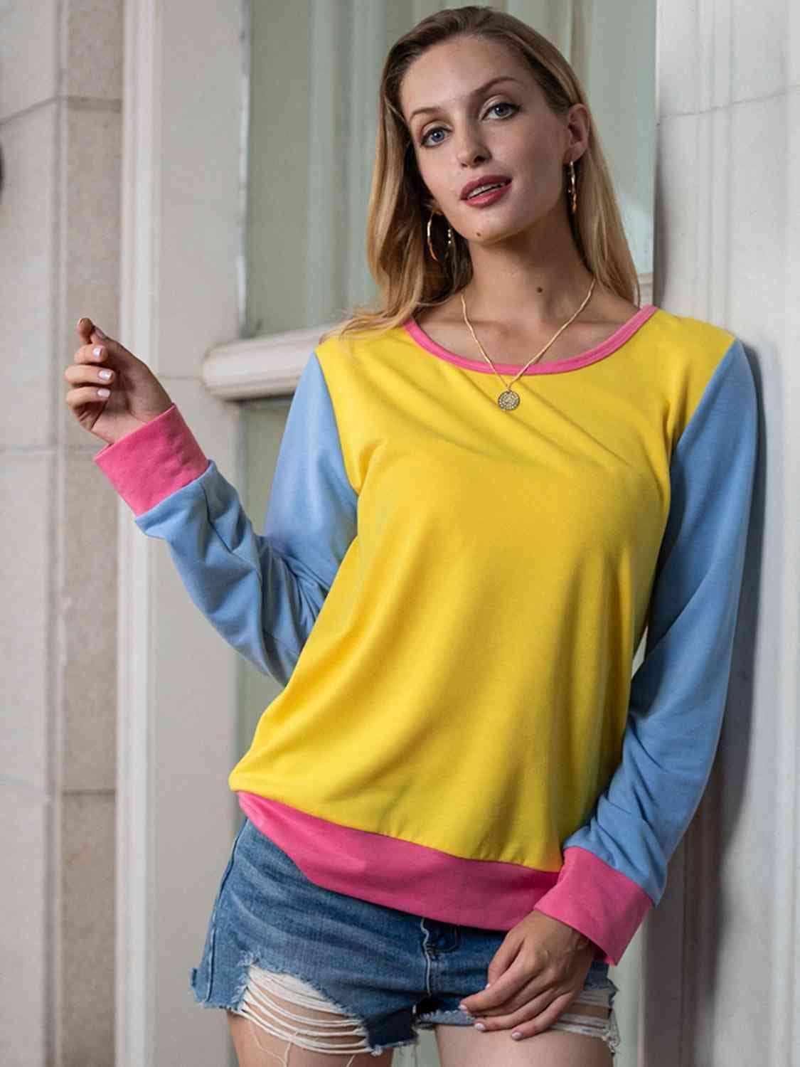 Contrast Round Neck Long Sleeve Top - Trendsi