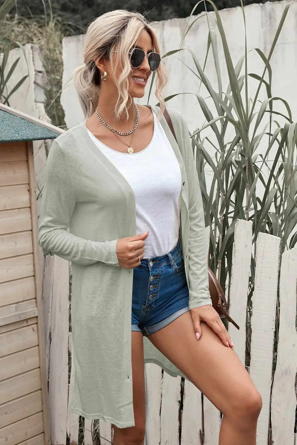 Button Down Long Sleeve Longline Cardigan - Trendsi - Flyclothing LLC