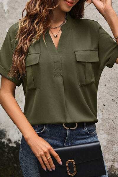 Pocketed Notched Short Sleeve Blouse - Trendsi - Flyclothing LLC