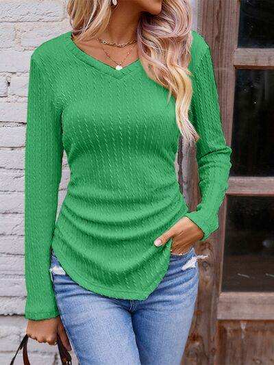 Textured Ruched V-Neck Long Sleeve T-Shirt - Trendsi - Flyclothing LLC