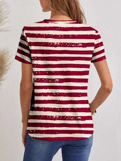 Striped V-Neck Short Sleeve T-Shirt - Trendsi - Flyclothing LLC