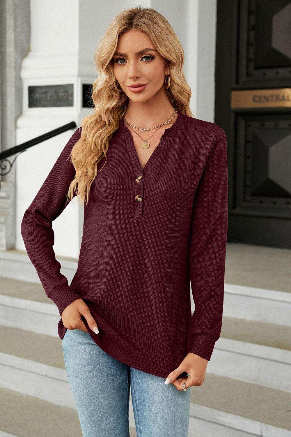 V-Neck Long Sleeve Blouse - Trendsi - Flyclothing LLC