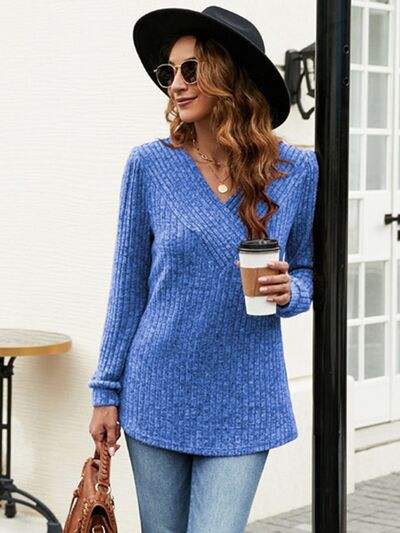 Ribbed Surplice Long Sleeve T-Shirt - Trendsi - Flyclothing LLC