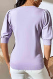 Round Neck Puff Sleeve Knit Top - Trendsi