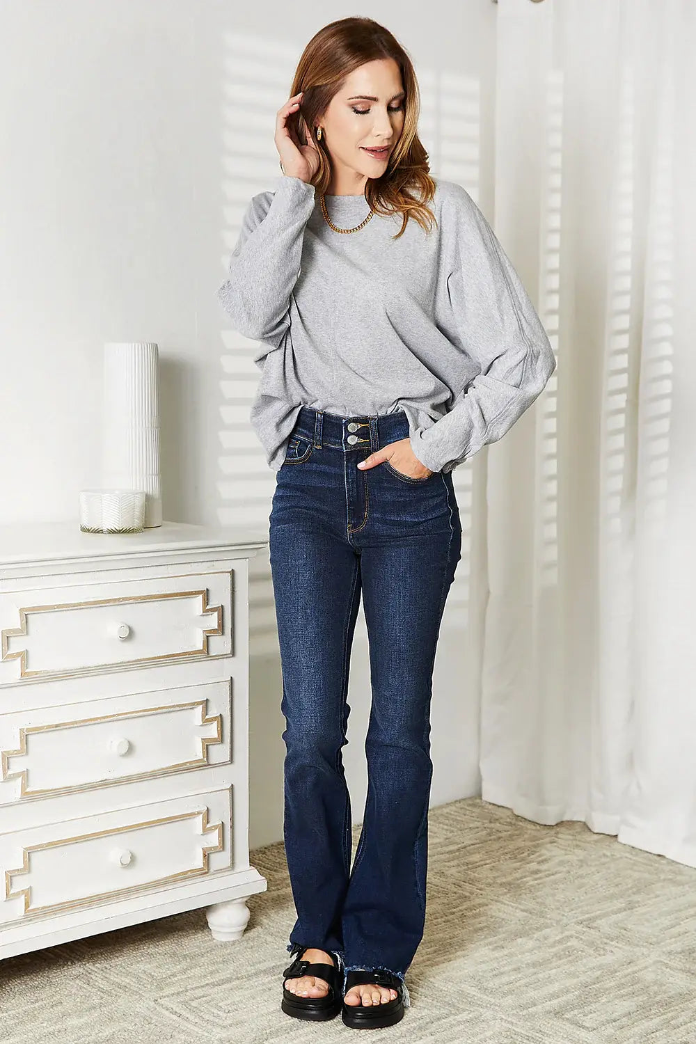 Double Take Seam Detail Round Neck Long Sleeve Top - Trendsi - Flyclothing LLC