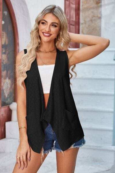 Eyelet Open Front Sleeveless Cardigan - Trendsi - Flyclothing LLC