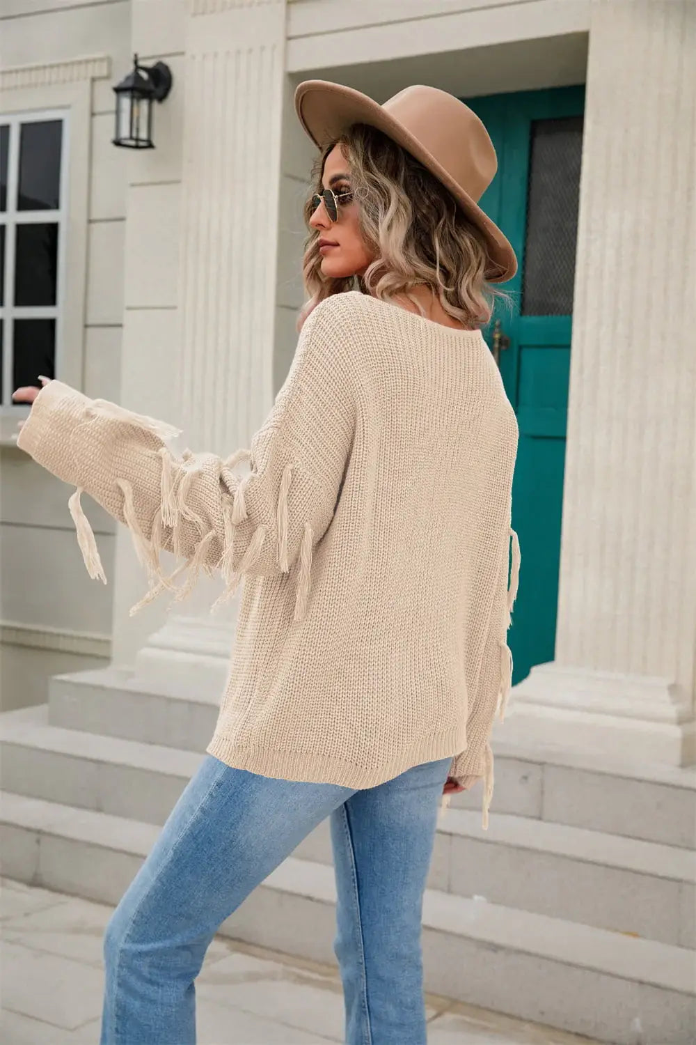 Ribbed Round Neck Fringe Detail Sweater - Trendsi - Flyclothing LLC