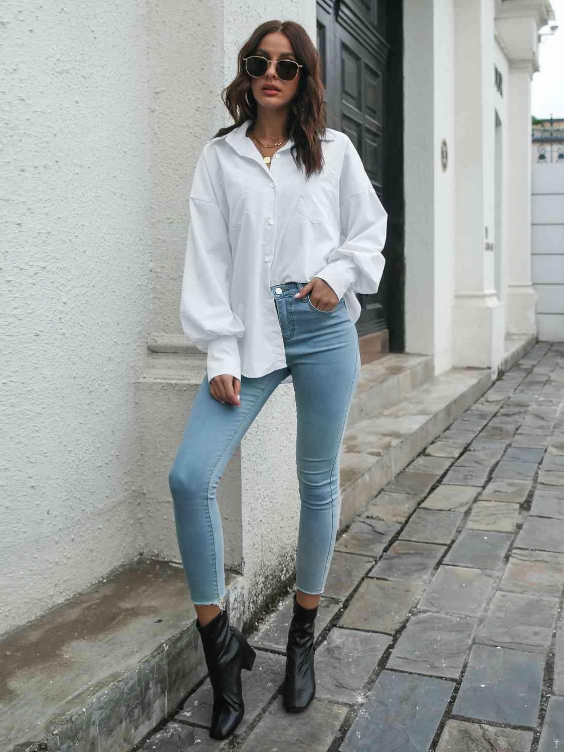 Collared Neck Dropped Shoulder Buttoned Shirt - Trendsi
