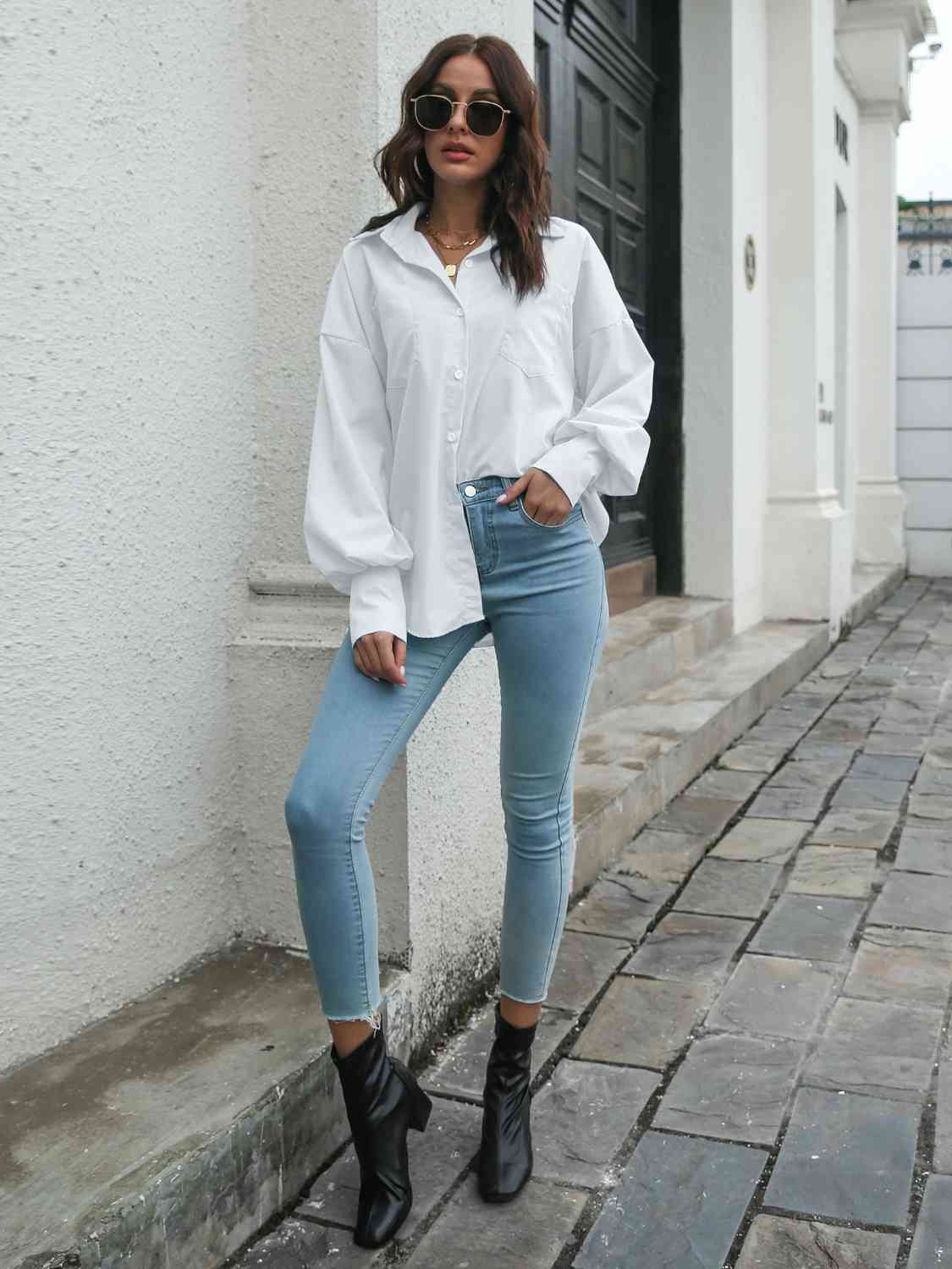 Collared Neck Dropped Shoulder Buttoned Shirt - Trendsi - Flyclothing LLC