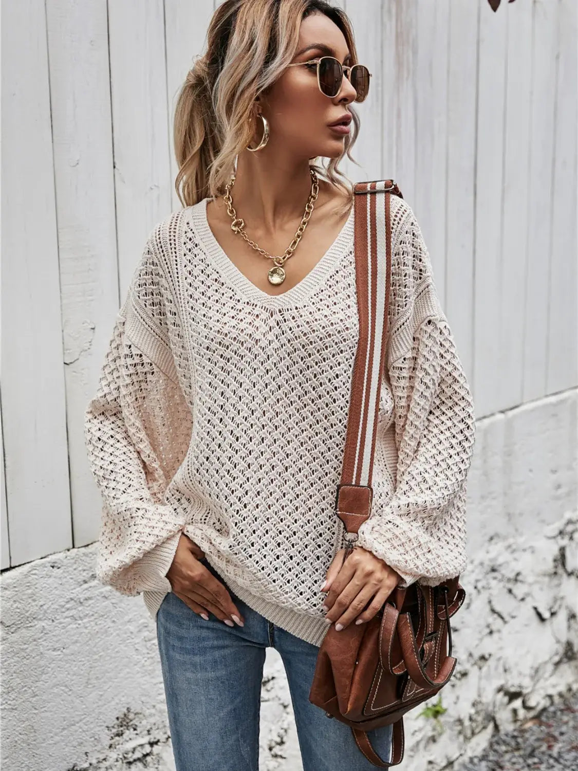 V-Neck Dropped Shoulder Sweater - Trendsi - Flyclothing LLC
