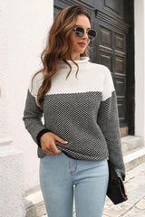 Two-Tone Mock Neck Dropped Shoulder Pullover Sweater - Flyclothing LLC
