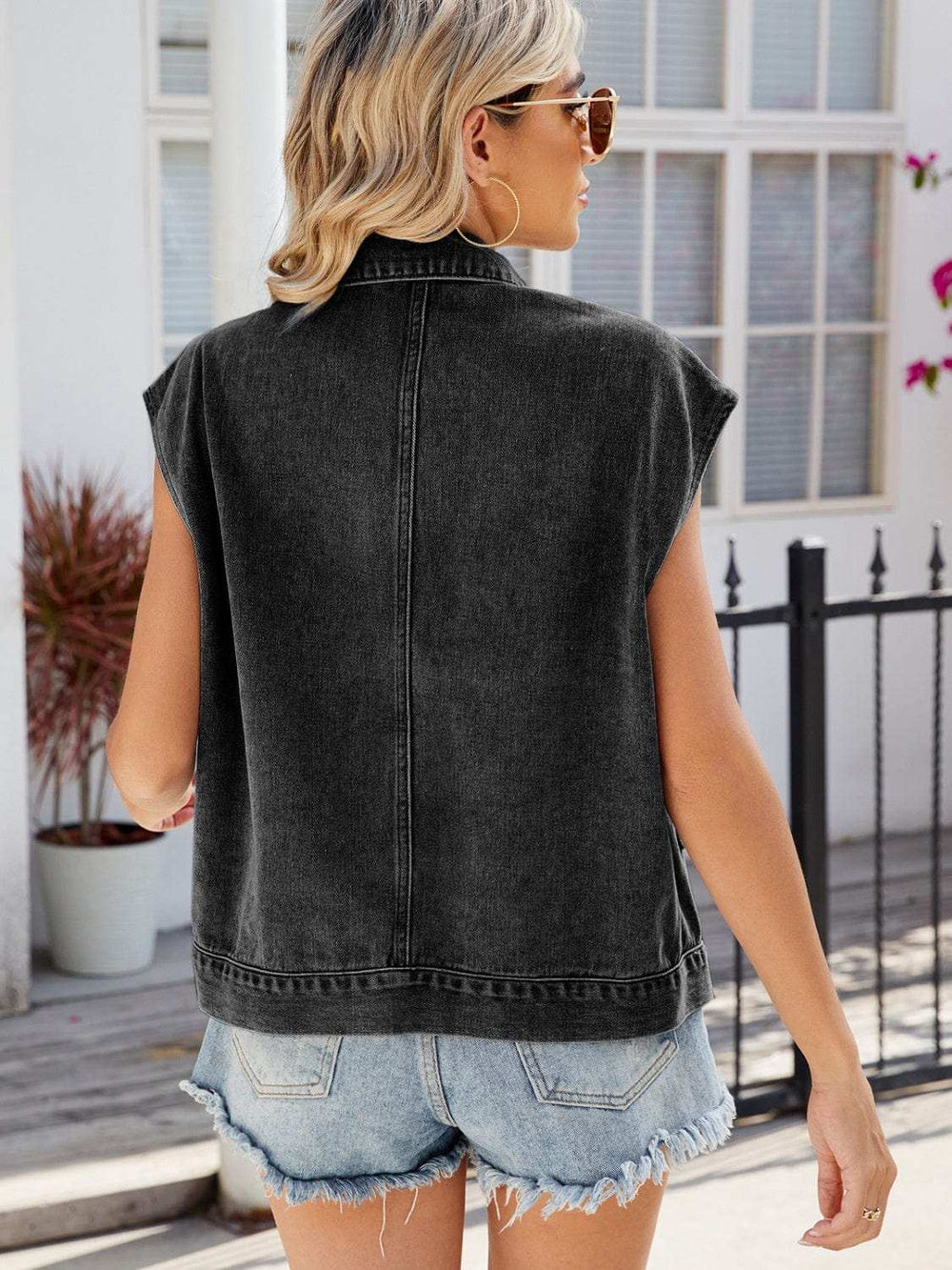 Pocketed Button Up Sleeveless Denim Jacket - Trendsi - Flyclothing LLC