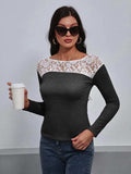 Lace Trim Long Sleeve Round Neck Tee - Trendsi - Flyclothing LLC