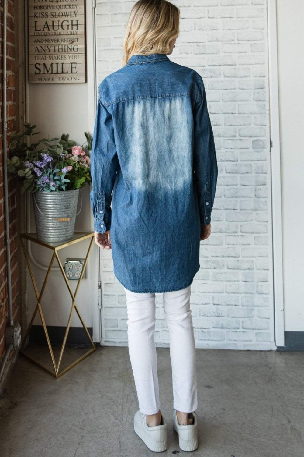 Veveret Pocketed Button Up Washed Denim Shirt - Trendsi - Flyclothing LLC