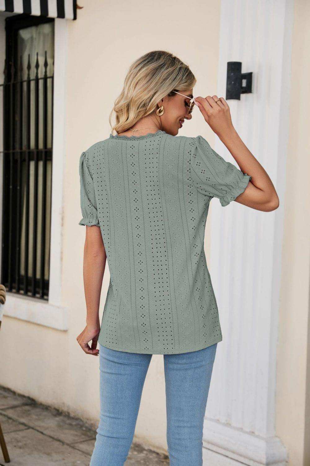 Eyelet Flounce Sleeve Scalloped V-Neck Top - Trendsi - Flyclothing LLC