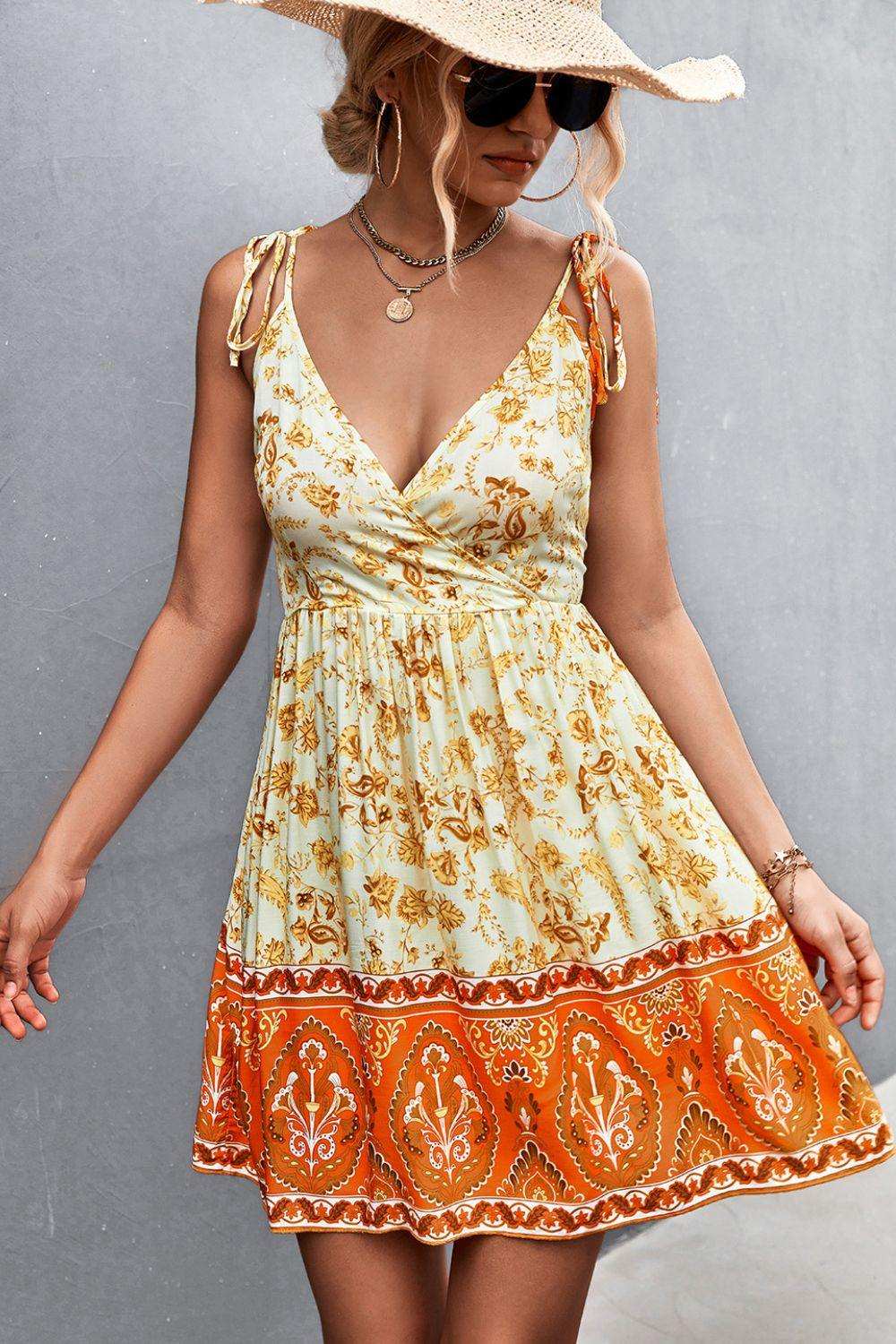 Bohemian Tie Shoulder Surplice Backless Dress - Trendsi