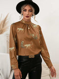 Leopard Graphic Mock Neck Puff Sleeve Blouse - Trendsi - Flyclothing LLC