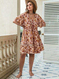 Plus Size Floral Crochet Flutter Sleeve Dress - Trendsi - Flyclothing LLC
