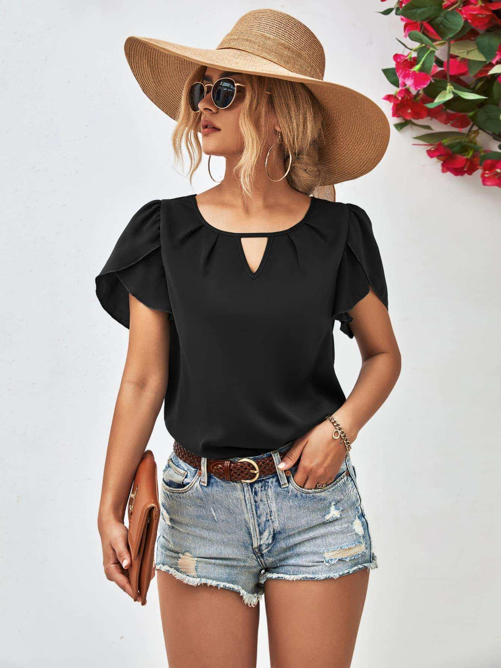 Cutout Round Neck Petal Sleeve Blouse - Trendsi - Flyclothing LLC