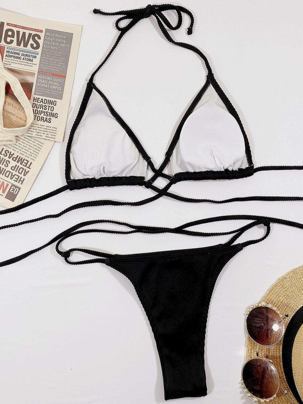Halter Neck Crisscross Ribbed Bikini Set - Trendsi - Flyclothing LLC