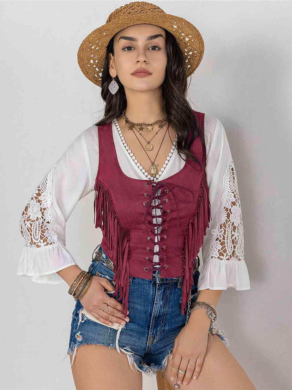 Fringe Lace-Up Vest - Trendsi - Flyclothing LLC
