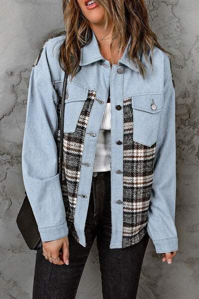Plaid Pocketed Button Up Denim Jacket - Trendsi - Flyclothing LLC