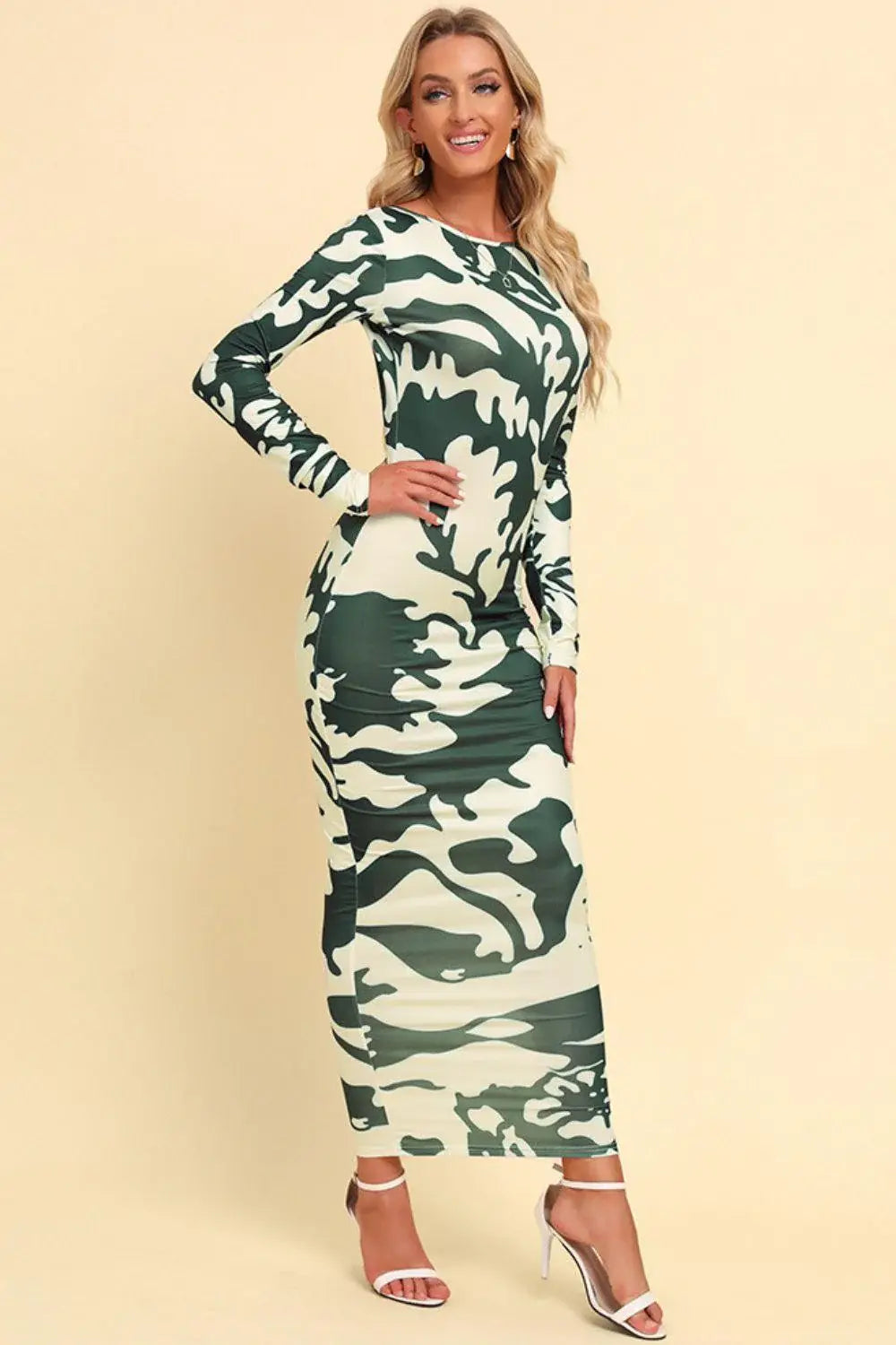 Printed Backless Long Sleeve Maxi Dress - Trendsi - Flyclothing LLC
