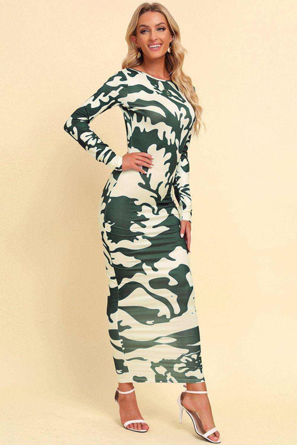 Printed Backless Long Sleeve Maxi Dress - Trendsi - Flyclothing LLC