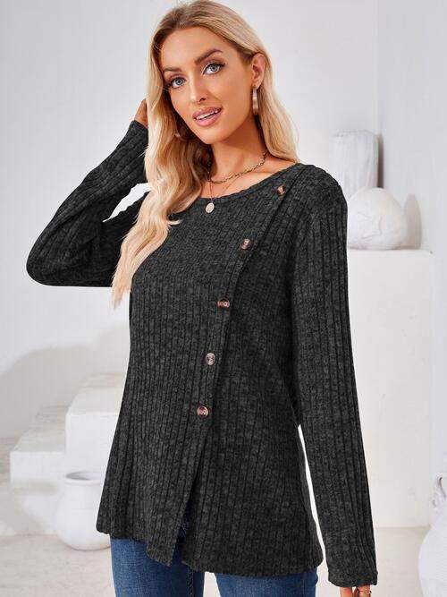 Ribbed Buttoned Round Neck Slit T-Shirt - Trendsi - Flyclothing LLC