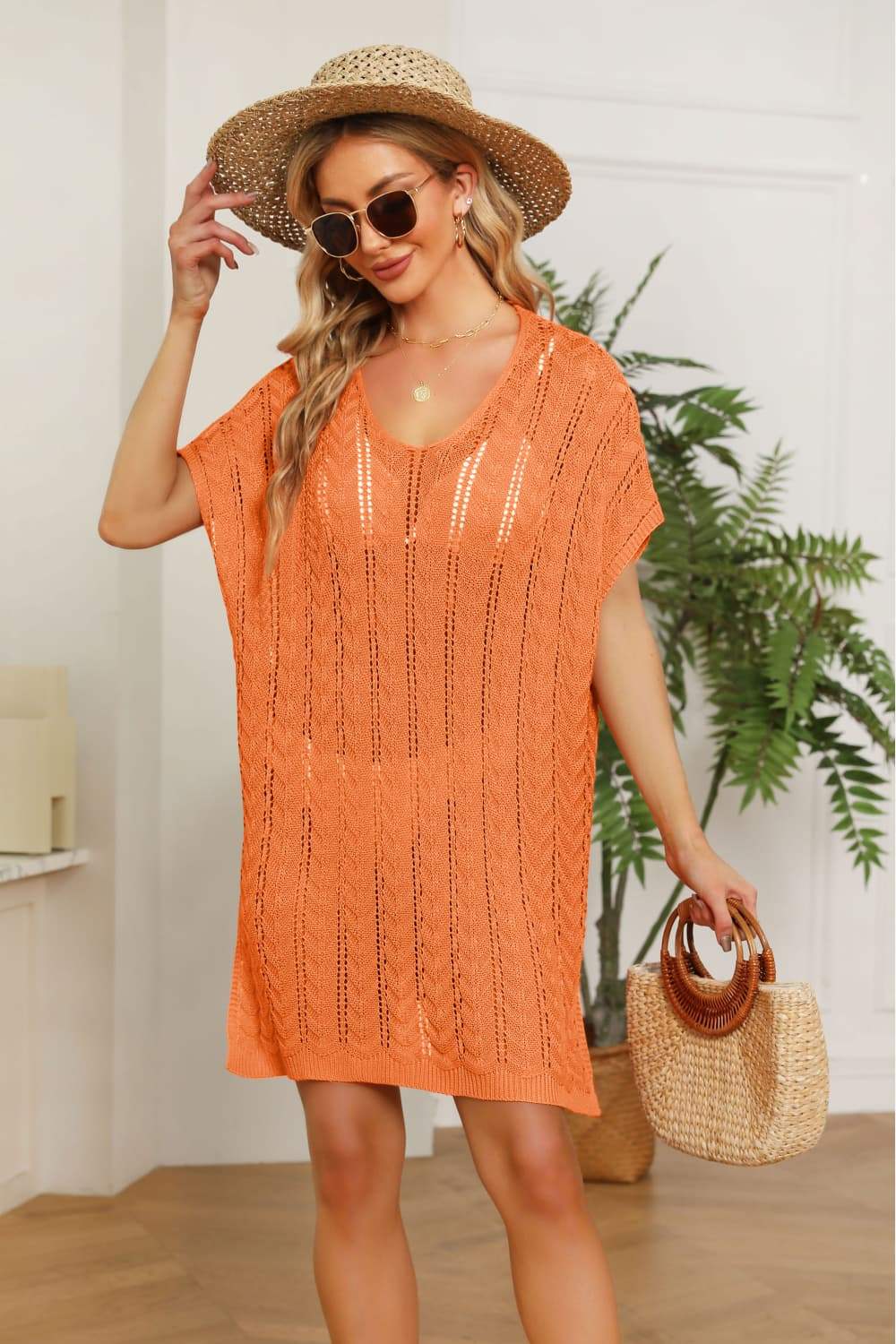 Openwork Side Slit Knit Dress - Trendsi - Flyclothing LLC