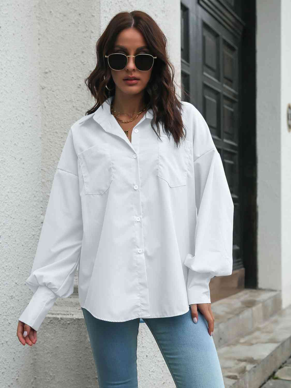 Collared Neck Dropped Shoulder Buttoned Shirt - Trendsi - Flyclothing LLC