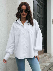 Collared Neck Dropped Shoulder Buttoned Shirt - Trendsi
