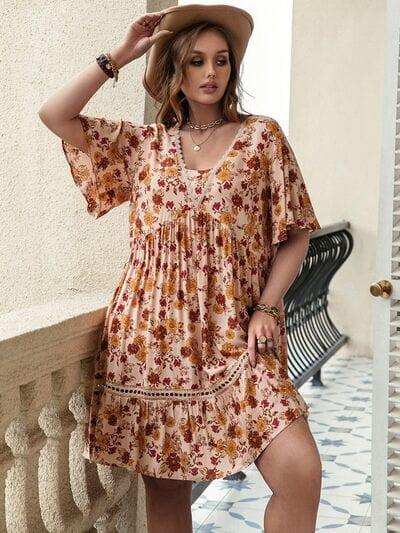 Plus Size Floral Crochet Flutter Sleeve Dress - Trendsi - Flyclothing LLC