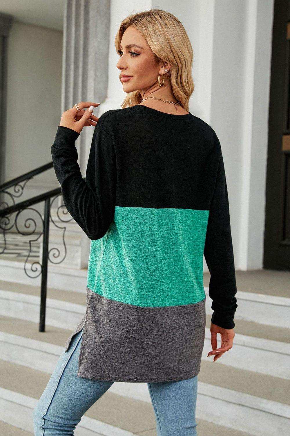 Color Block Round Neck Long Sleeve Slit T-Shirt - Trendsi - Flyclothing LLC