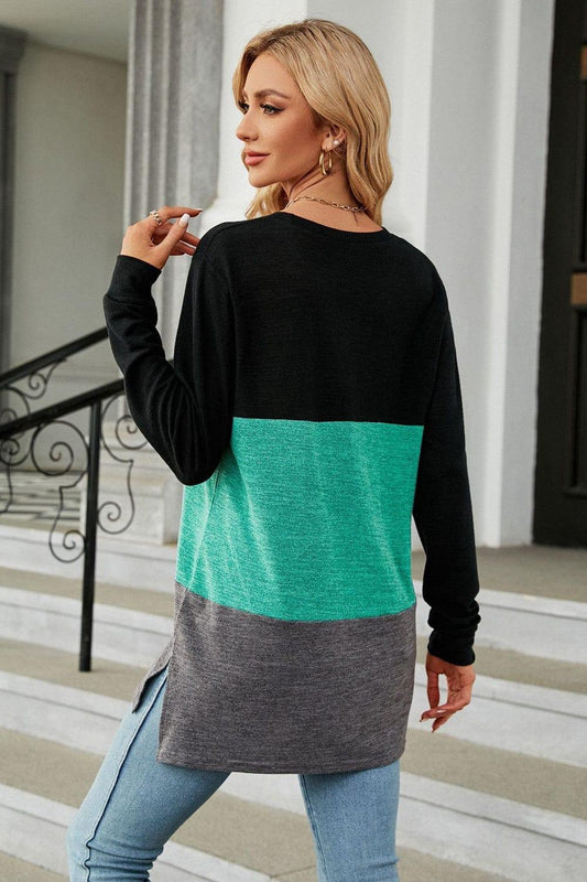 Color Block Round Neck Long Sleeve Slit T-Shirt - Trendsi