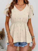 Swiss Dot Buttoned Petal Sleeve Peplum Blouse - Trendsi - Flyclothing LLC