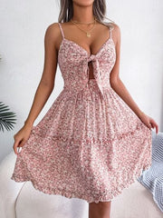 Frill Ditsy Floral Spaghetti Strap Mini Dress - Trendsi