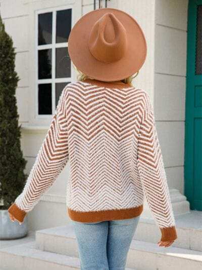 Striped Round Neck Dropped Shoulder Sweater - Trendsi - Flyclothing LLC
