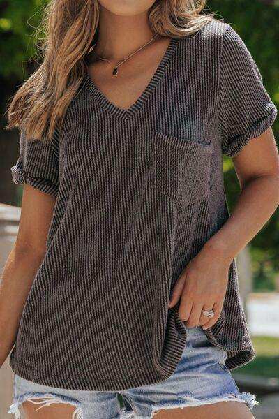 Textured V-Neck Short Sleeve T-Shirt - Trendsi - Flyclothing LLC