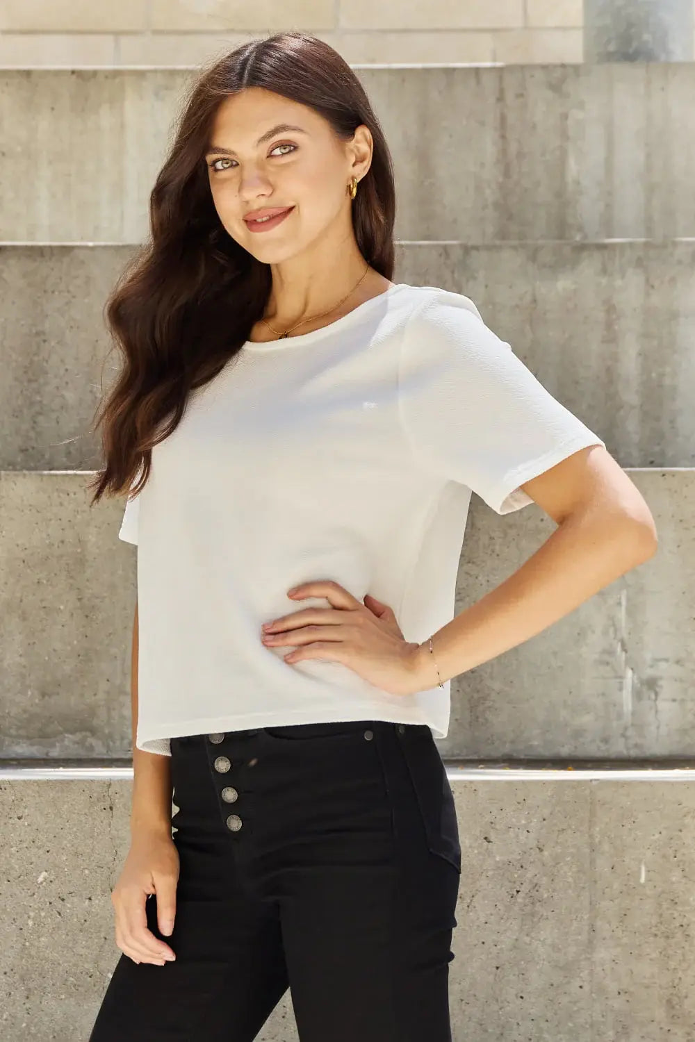 And The Why Pearly White Full Size Criss Cross Pearl Detail Open Back T-Shirt - Trendsi - Flyclothing LLC