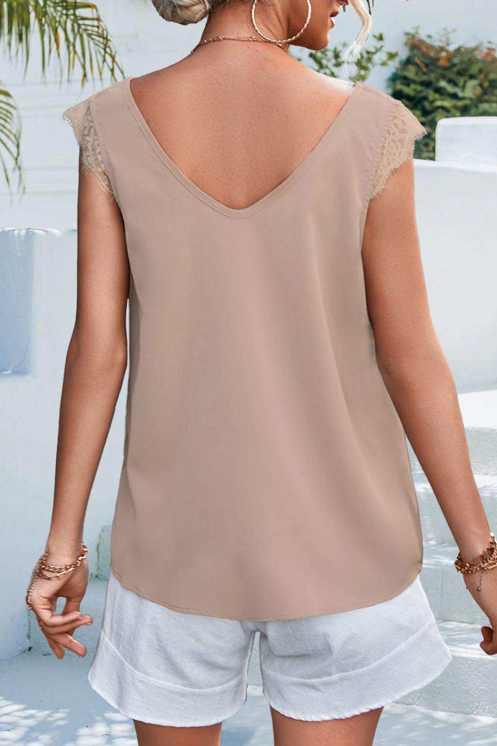 Lace Detail Eyelash Trim V-Neck Tank - Trendsi - Flyclothing LLC