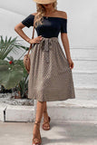 Printed Tie Belt Off-Shoulder Dress - Trendsi - Flyclothing LLC