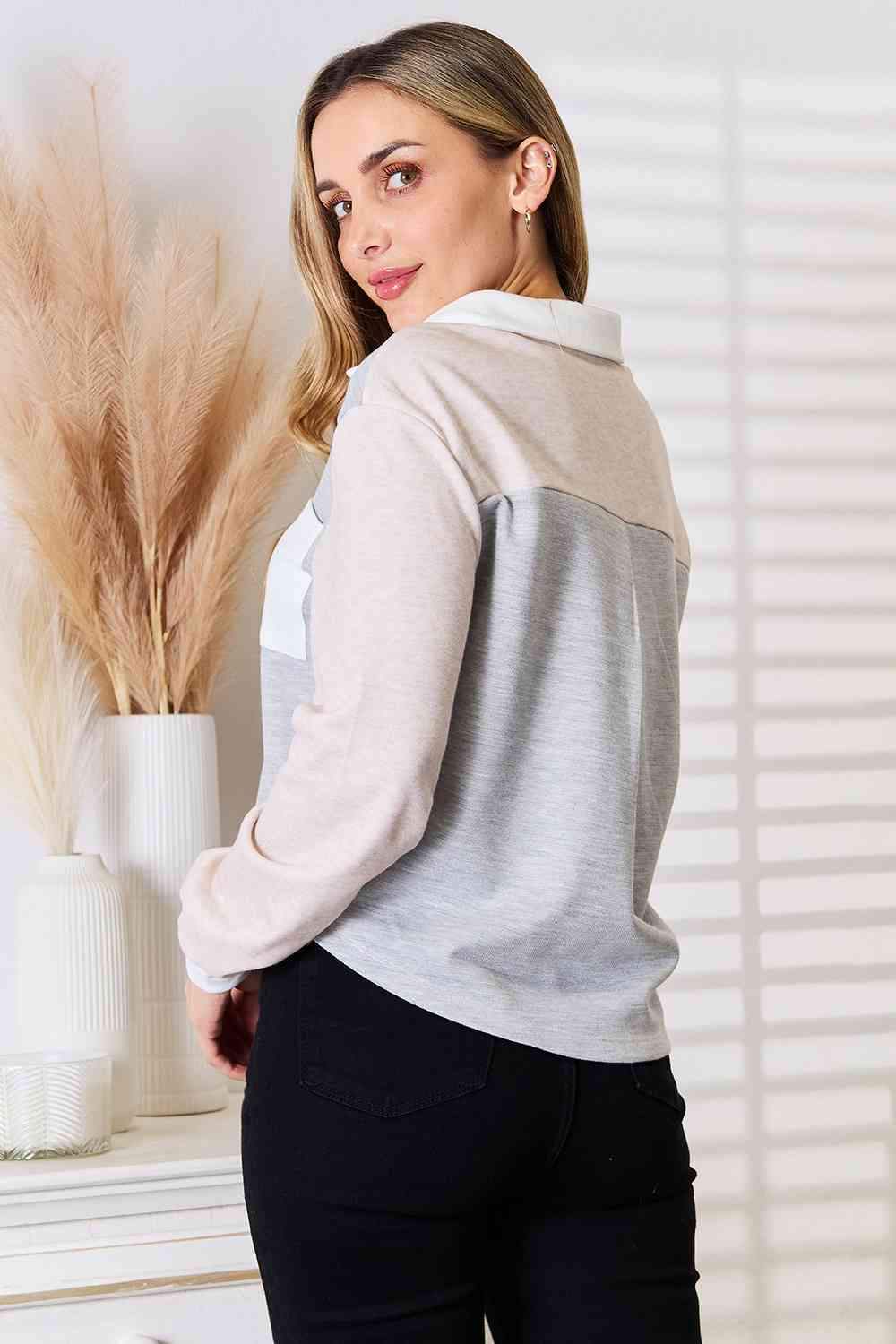 Double Take Color Block Curved Hem Shirt - Trendsi - Flyclothing LLC